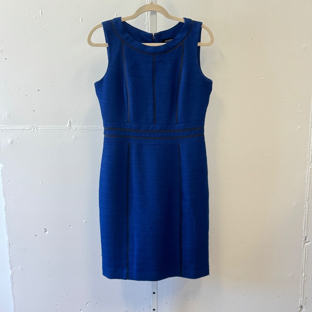 Ellen Tracy Royal Blue Tweed Sleeveless Sheath Knee Length Dress 8 Contrast Trim
